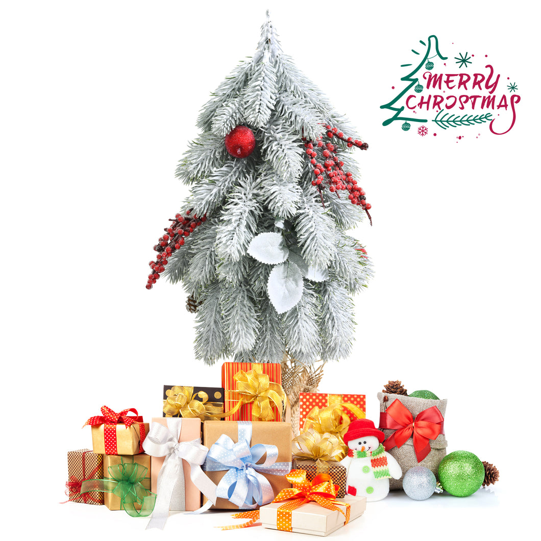 Mini Snow Flocked Xmas Tree Tabletop Artificial Christmas Tree w/ 59 Tips Burlap Cement Sand 100% New PE & Types of Ornaments